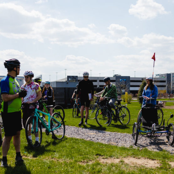 Group of bicyclists before starting a ride